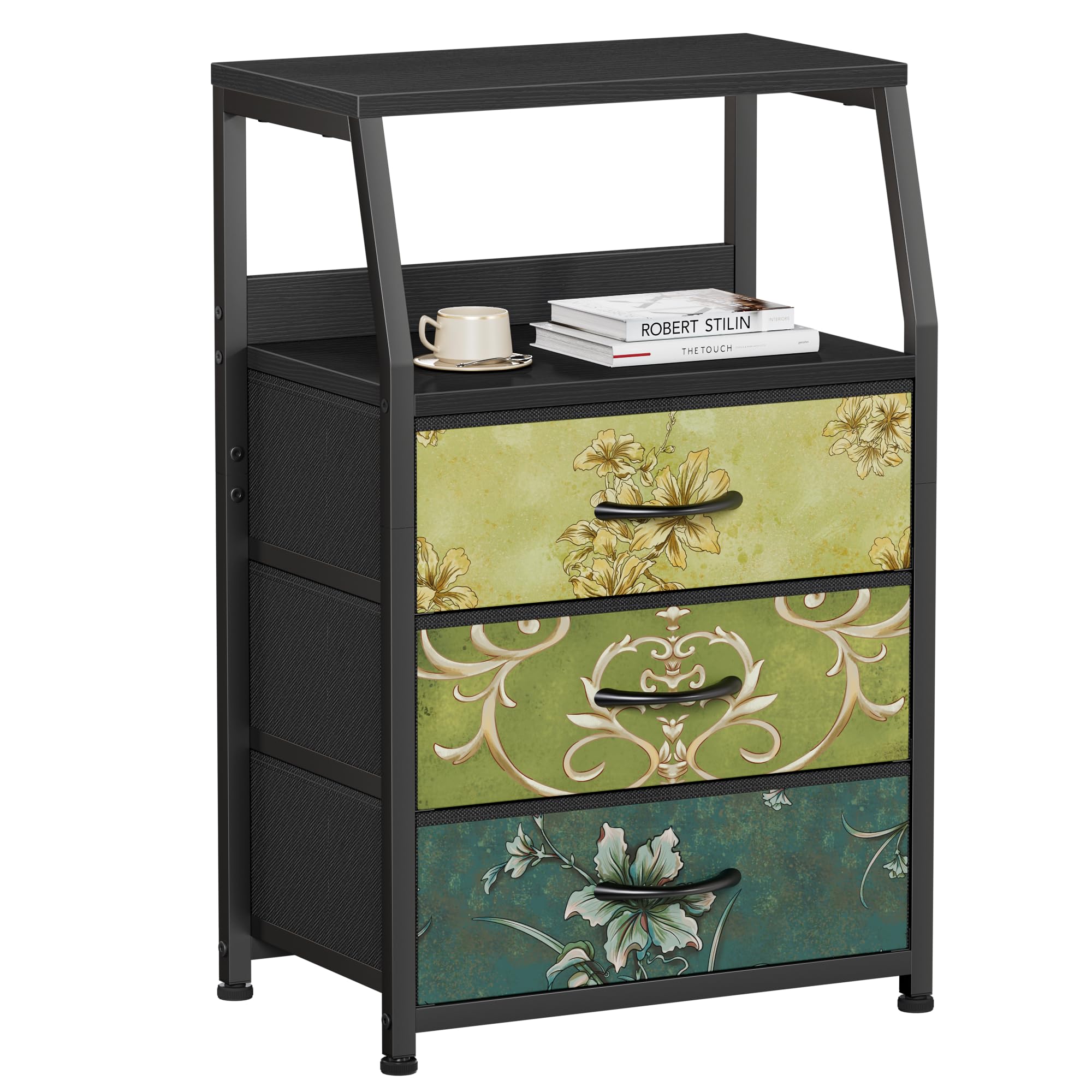 Furnulem Retro Night Stand With 3 Drawers And 2-Tier Shelf, Small Nightstand Side Table, Vintage Storage Dresser For Bedroom, Fabric Drawer Organizer For Closet, Beside Furniture