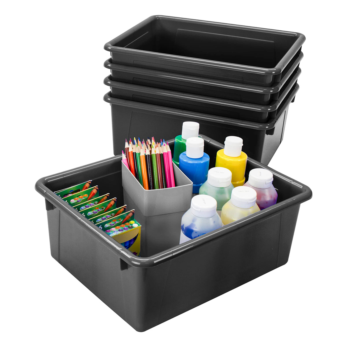 Storex Letter Size Deep Storage Tray - Organizer Bin For Classroom, Office And Home, Black, 5-Pack (62523A05C), 10 X 13 X 5 Inch