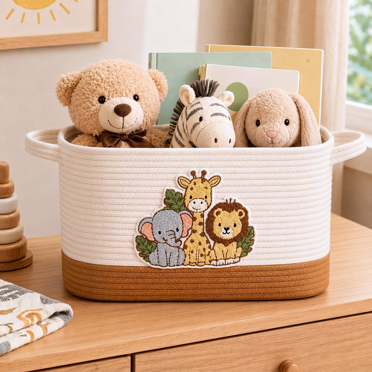 Marsui 20l Toy Basket Cute Animal Cotton Rope Bin Elephant Giraffe Lion