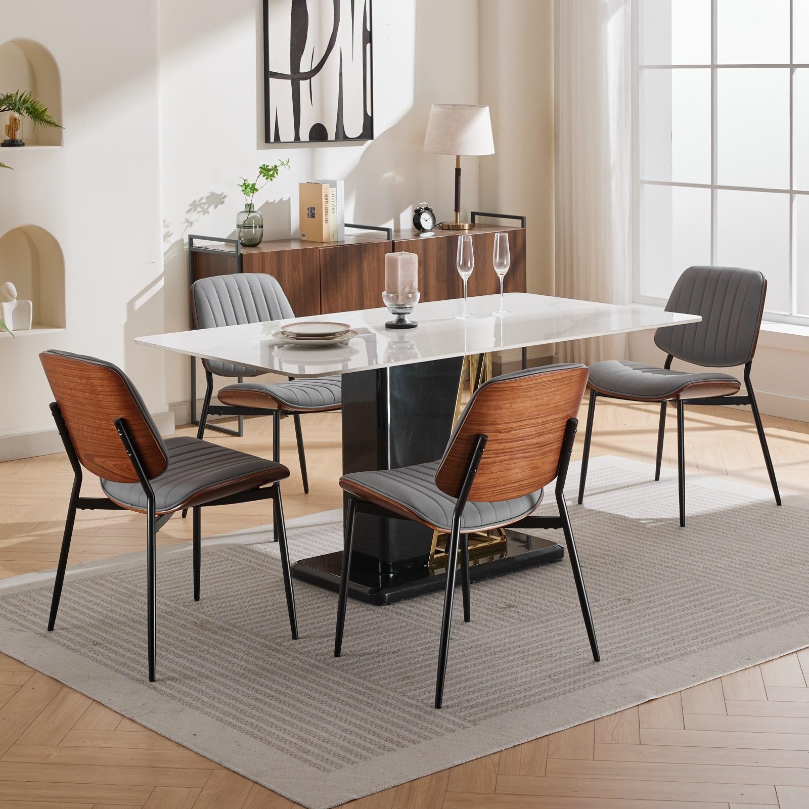 Yafiti Dining Chairs Set Of 6, Mid Century Modern Accent Dining Room And Kitchen Chairs, Upholstered Pu Leather Vertical Stripe