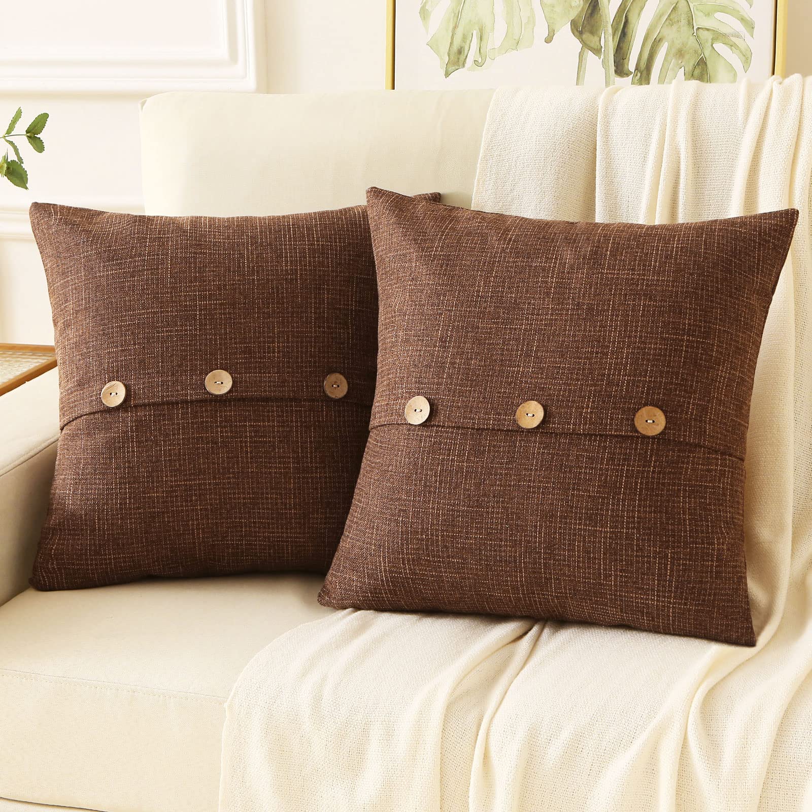 Haussy Brown Linen Decorative Throw Pillow Covers 16X16 Inch Set Of 2,Square Cushion Case With 3 Vintage Buttons,Modern Farmhous
