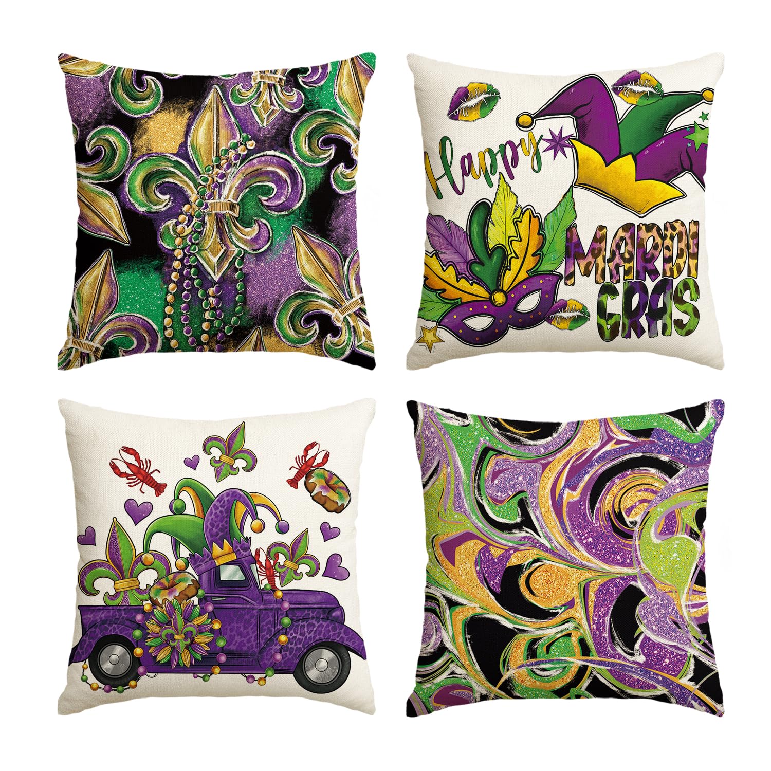 Avoin Colorlife Mardi Gras Fleur De Lis Truck Bead Crawfish Throw Pillow Covers, 18 X 18 Inch Holiday Cushion Case Decoration Fo