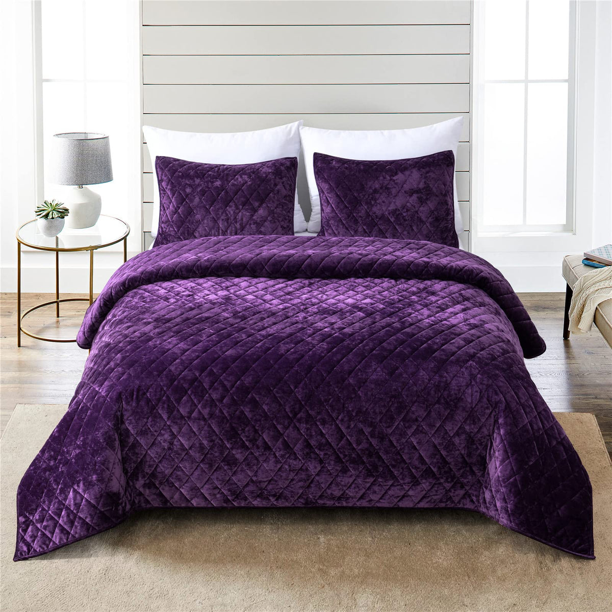 Fredsure Distressed Velvet Quilt Set, 3 Pieces Purple King, Distressed Velvet Face And Brushed Microfiber Reverse With Diamond Q