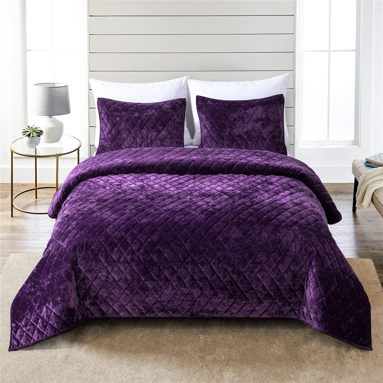 Fredsure Distressed Velvet Quilt Set, 3 Pieces Purple King, Distressed Velvet Face And Brushed Microfiber Reverse With Diamond Q