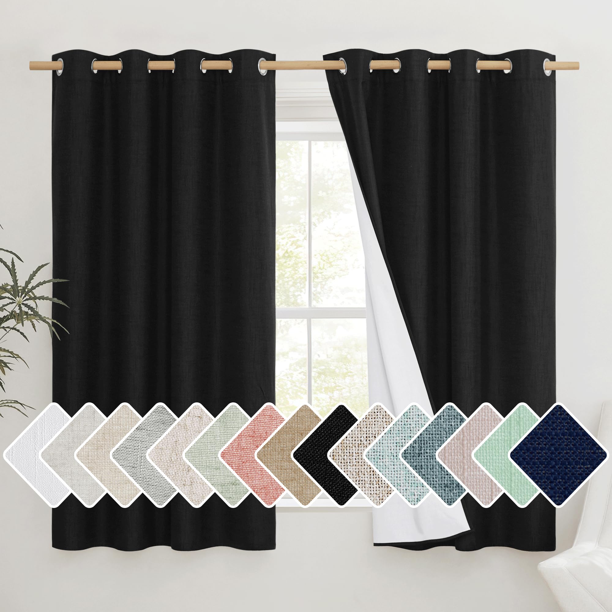 NICETOWN Black Truly Blackout Linen Blend Flax Drapes for Office, Vintage Grommet 100% Blackout Curtains with White Liner Backin
