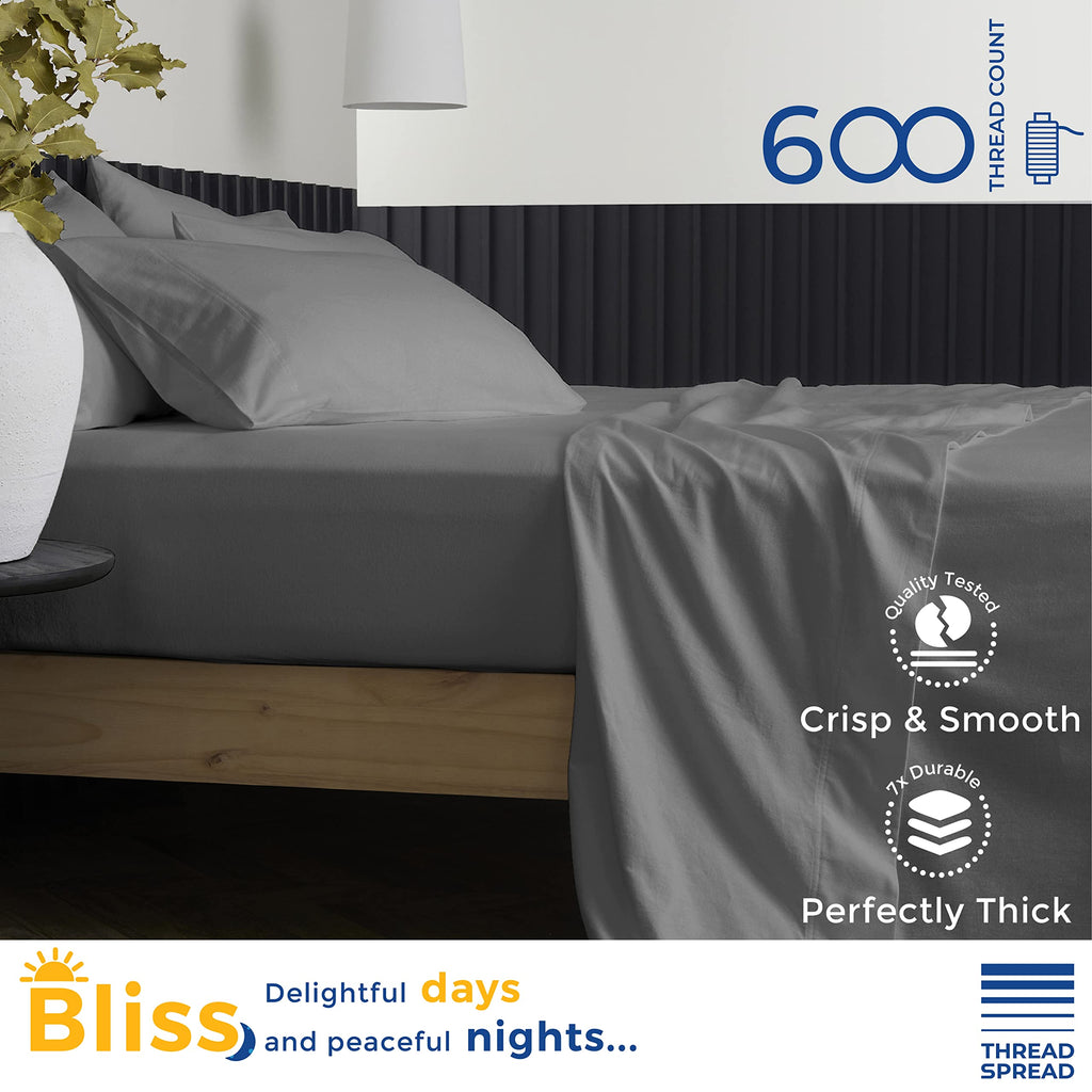 Pure Egyptian Split King Size Cotton Bed Sheets Set (King Split,600 Thread Count) Dark Grey Bedding And Pillow Cases (5 Pc) - Egyptian Cotton Sheets Split King Size Bed-Sateen Sheets-16?Deep Pocket