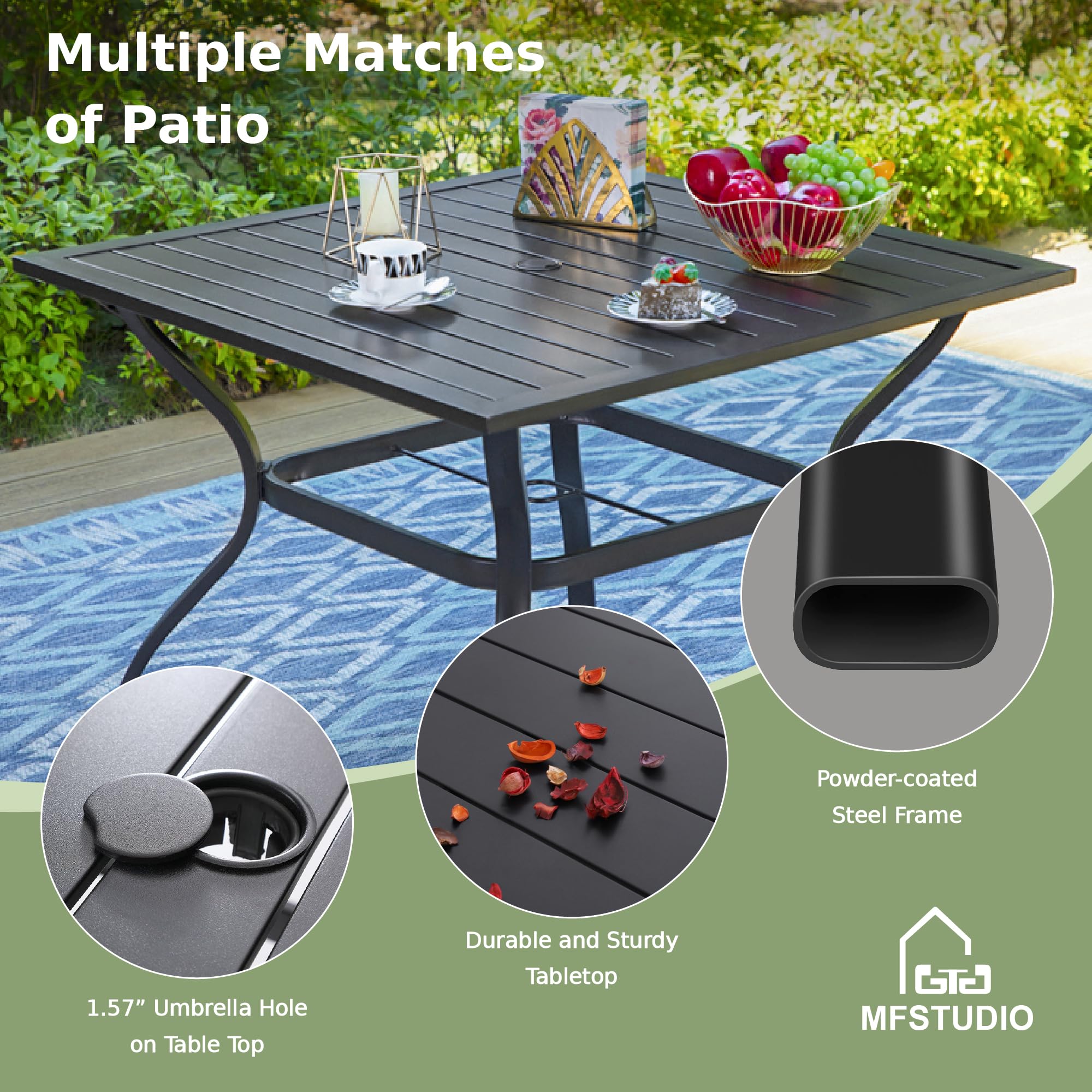 Phi Villa 37' Metal Steel Slat Patio Dining Table Square Backyard Bistro Table Outdoor Furniture Garden Table, 1.57” Umbrella Hole, Black