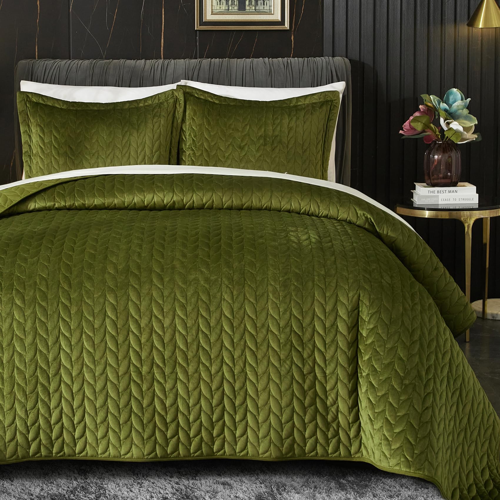 Ivellow Velvet Quilt King Size, Green Lightweight Bedspread Full Soft Reversible Coverlet For All Season 3Pcs Luxury Velvet Comf