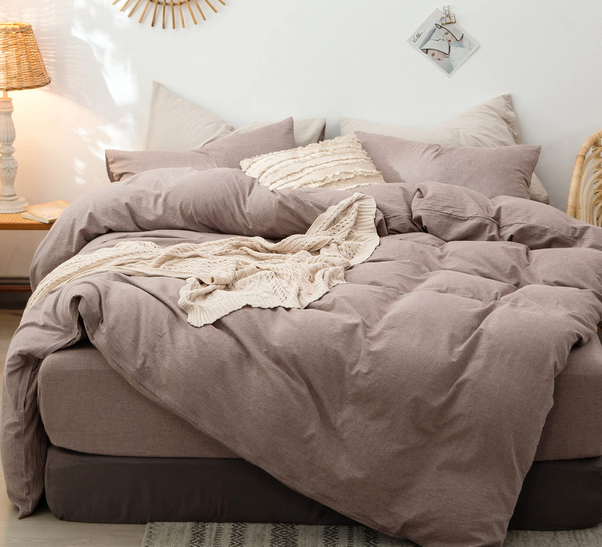 Moomee Bedding Duvet Cover Set 100% Washed Cotton Linen Like Textured Breathable Durable Soft Comfy (Mauve Brown, Oversized Quee