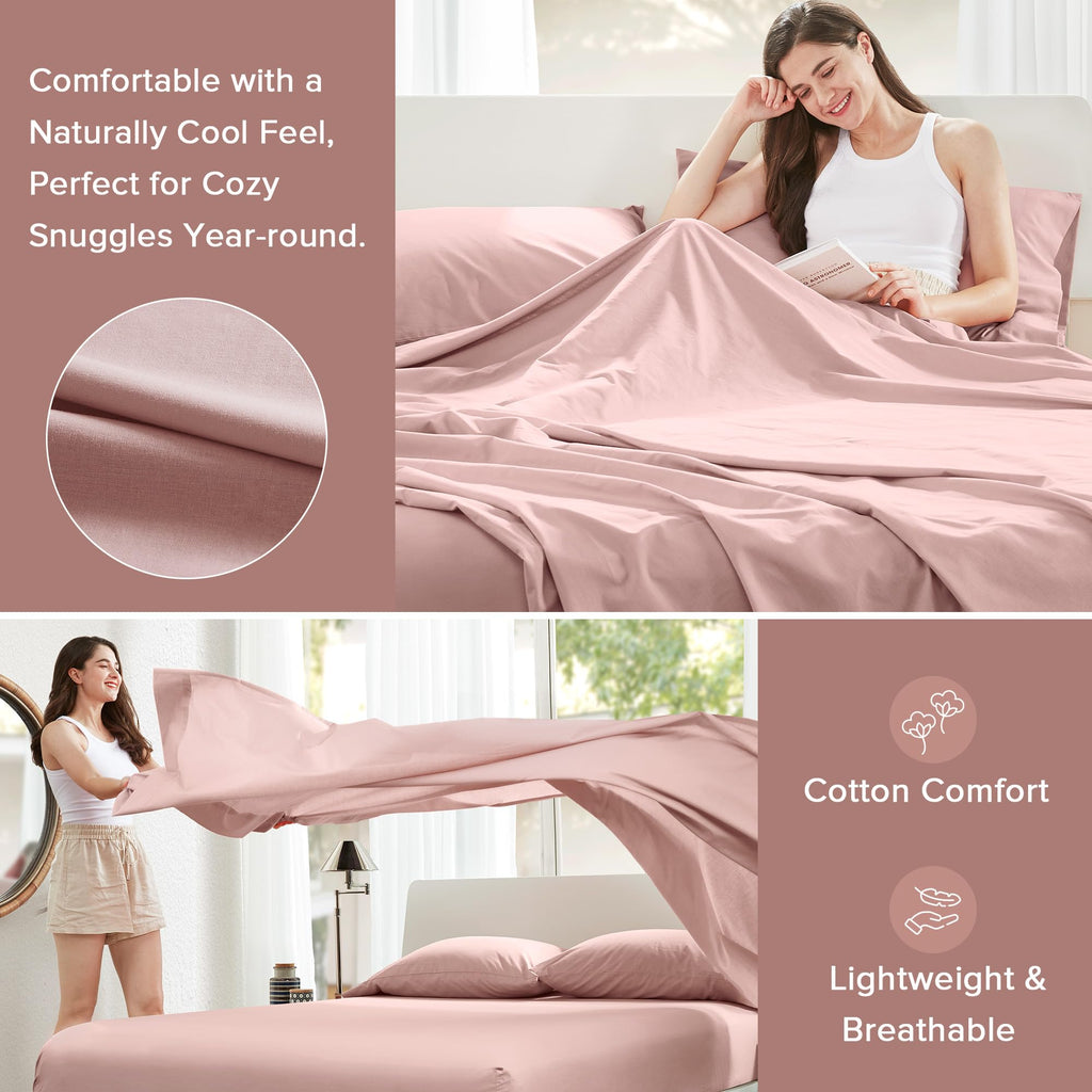 Comfort Spaces 100% Cotton Sheets Full, Breathable & Ultra Soft Cotton Sheets, Naturally Cool Cotton Bed Sheets With 14' Elastic Pocket Fits Up To 16' Mattress, All Seasons Sheet Set, Pink 4 Piece