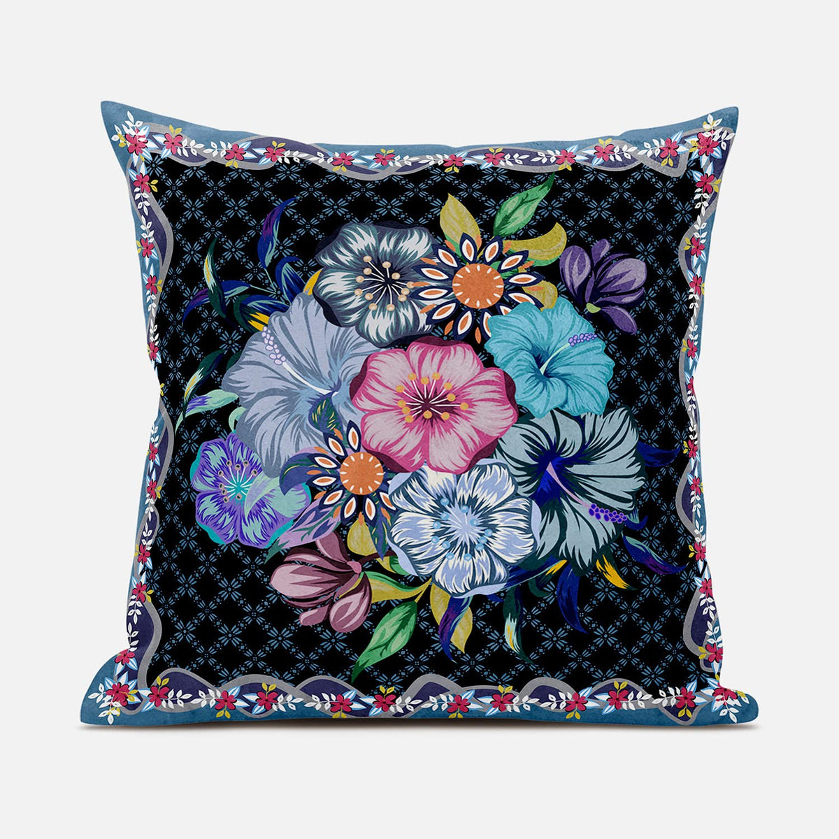 HomeRoots 18x18 Black Blue Blown Seam Broadcloth Floral Throw Pillow