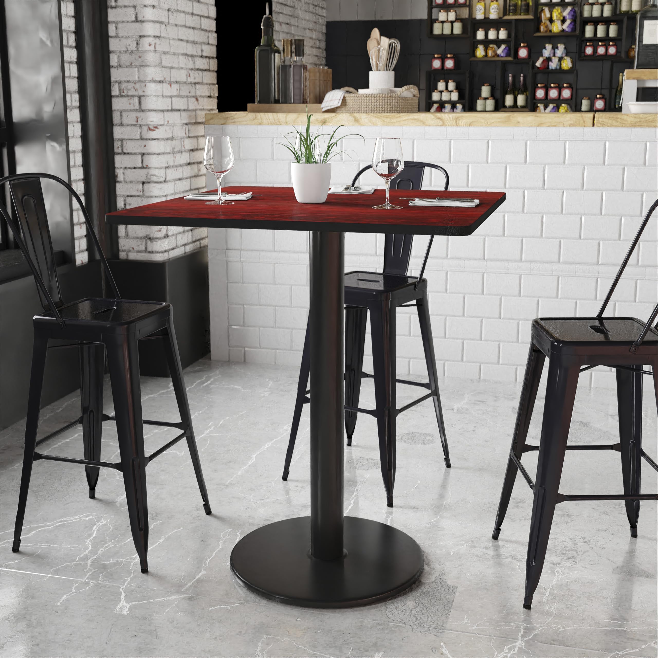 Flash Furniture Stiles 36'' Square Mahogany Laminate Table Top with 24'' Round Bar Height Table Base