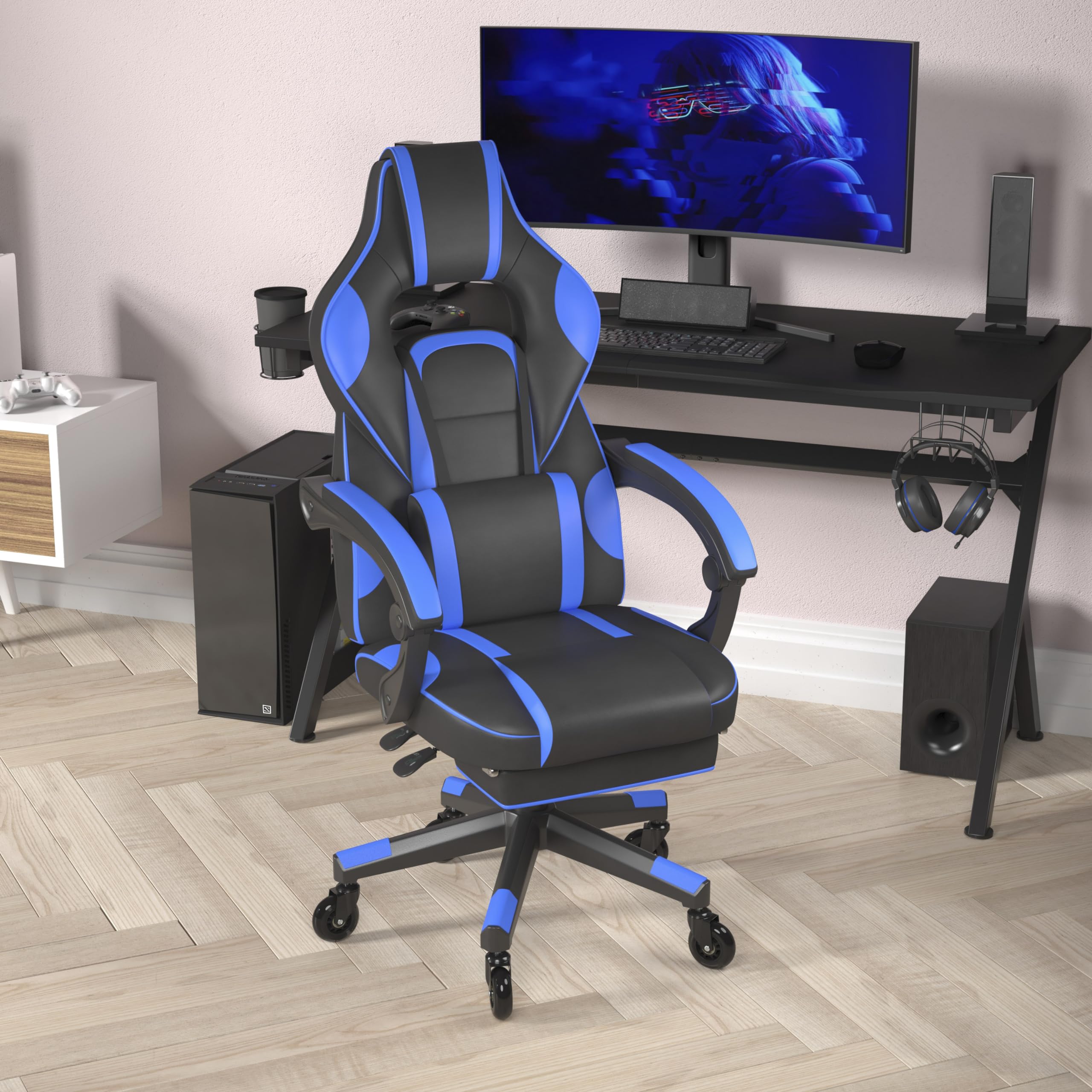 Flash Furniture X40 Gaming Chair Racing Computer Chair With Fully Reclining Back/Arms And Transparent Roller Wheels, Slide-Out Footrest, - Black/Blue