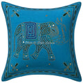 Stylo Culture Decorative Cotton Cushion Cover 16 Inch X 16 Inch Gold Thread Embroidered Turquoise Drawing Room Decor Elephant Ra