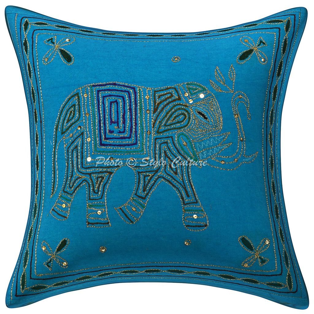 Stylo Culture Decorative Cotton Cushion Cover 16 Inch X 16 Inch Gold Thread Embroidered Turquoise Drawing Room Decor Elephant Ra