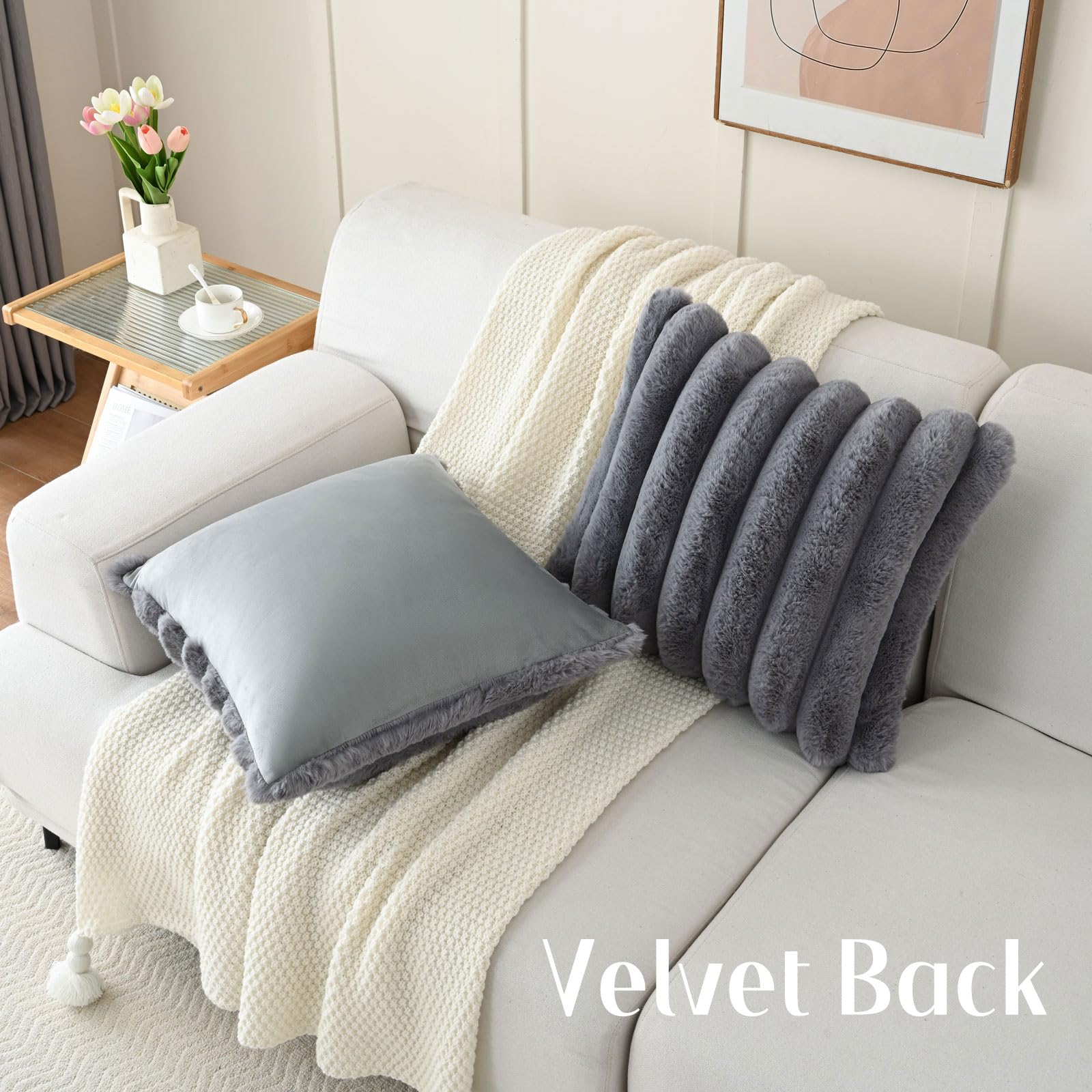 Futei Grey Decorative Throw Pillow Covers 24X24 Inch Set Of 2, Square Soft Faux Rabbit Fur Big Striped Pillow Sham,Home Decor Fo