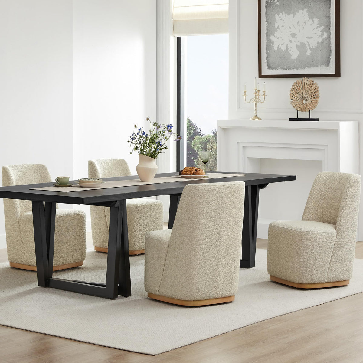 Chita Upholstered Rolling Dining Chair On Casters Set Of 4, Fsc Certified Modern Fabric Dining Chair With Casters, Boucle Dining