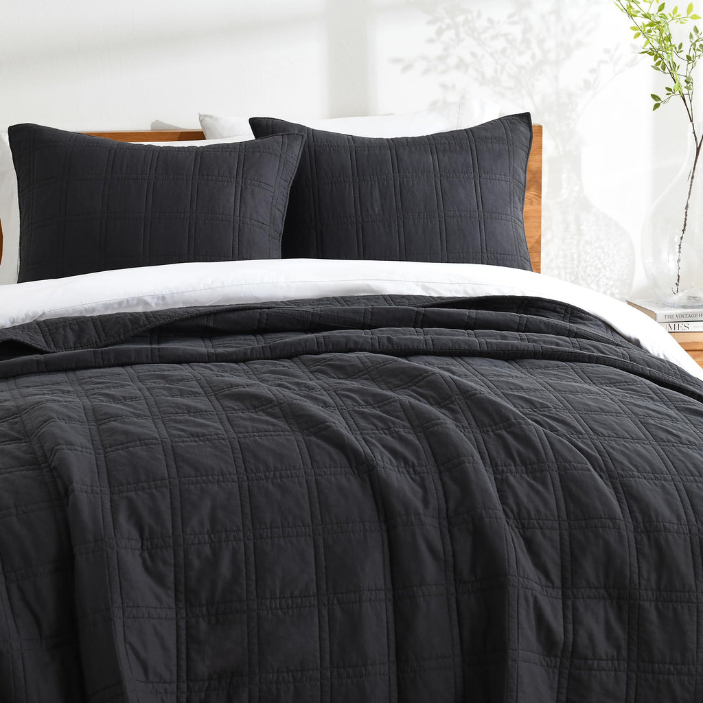 Horimote Home 100% Cotton Quilt Set Queen Size, Charcoal Pre-Washed Bedspreads Coverlet Set In Geometric Pattern, Cozy Lightweig
