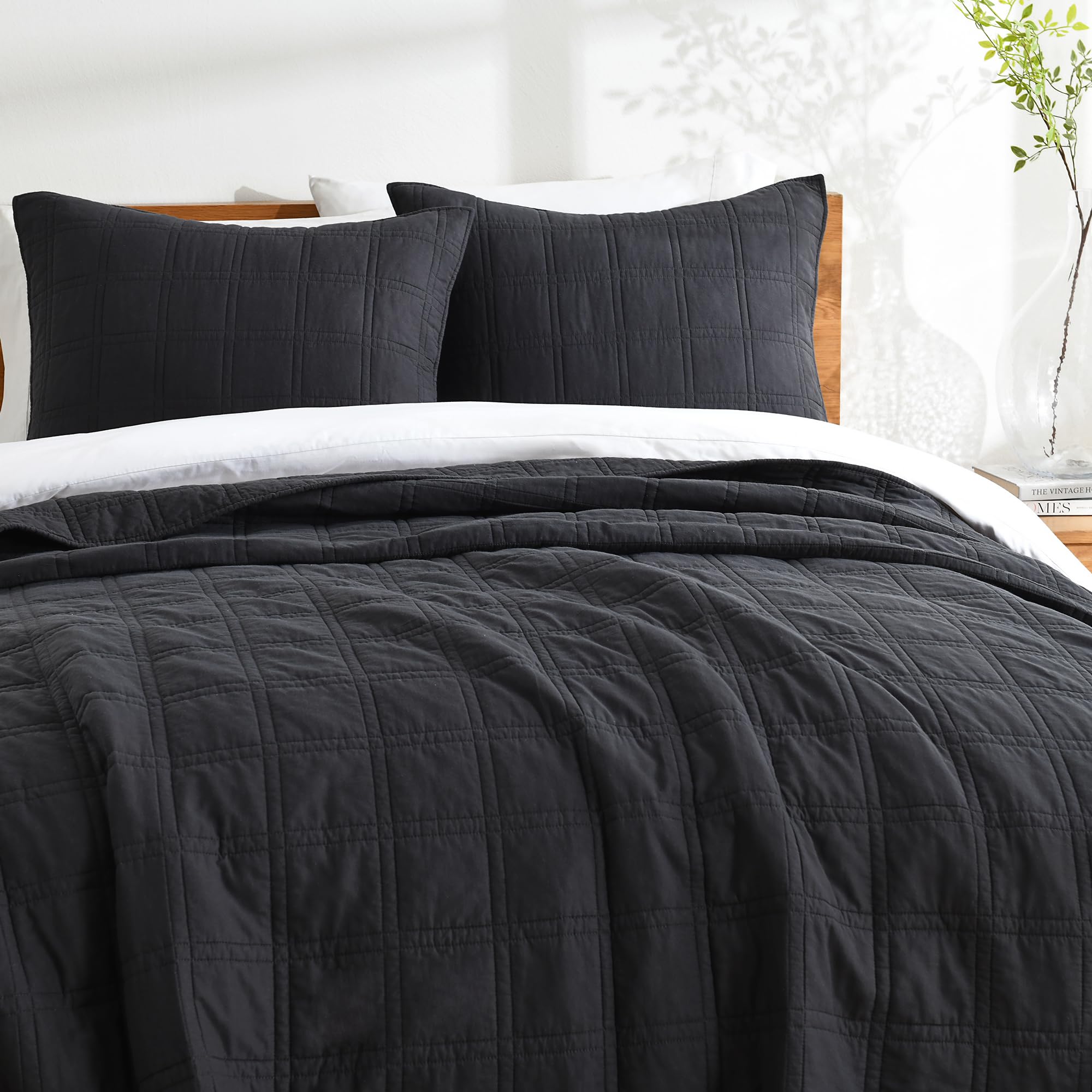 Horimote Home 100% Cotton Quilt Set Queen Size, Charcoal Pre-Washed Bedspreads Coverlet Set In Geometric Pattern, Cozy Lightweig