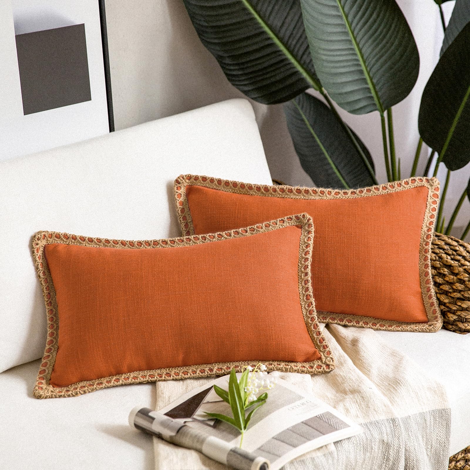 Phantoscope Pack Of 2 Farmhouse Decorative Solid Throw Decorative Pillow Cover Burlap Linen Trimmed Tailored Edges Orange 12 X 2