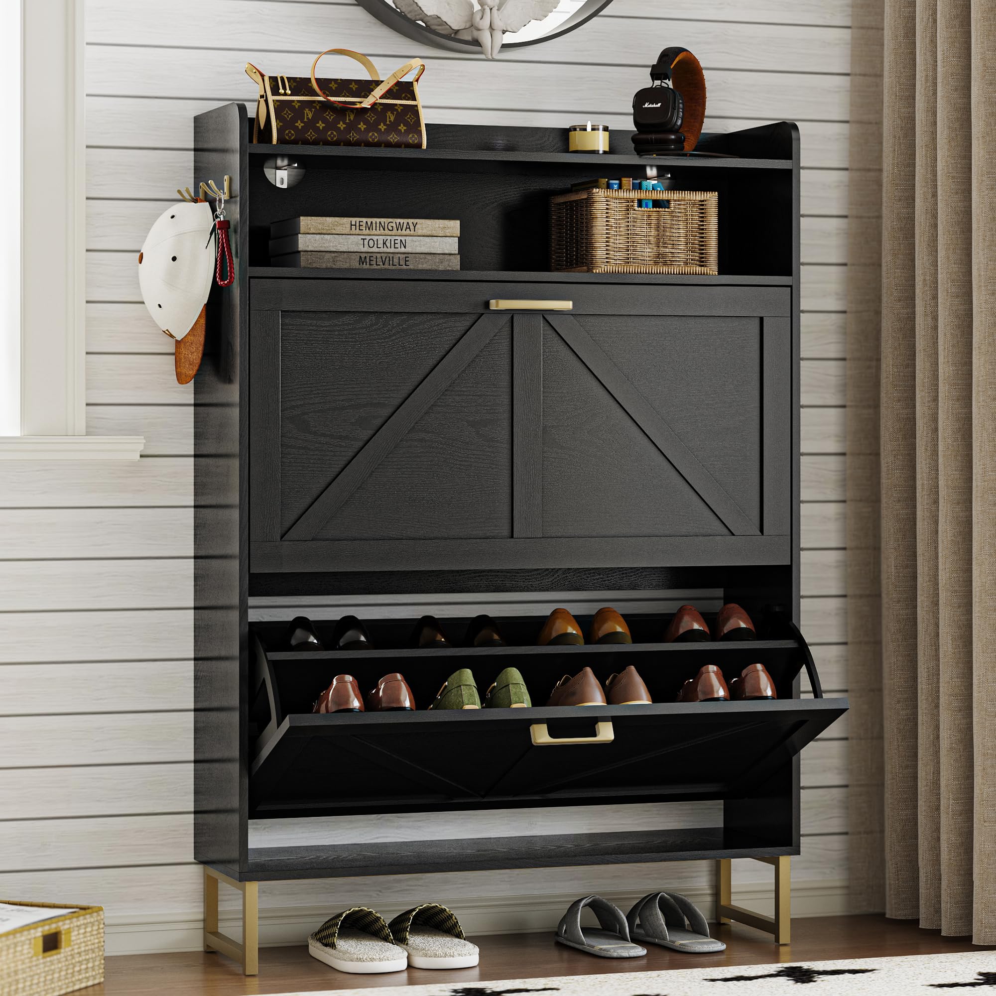 BORNOON Shoe Cabinet with 2 Flip Drawers Narrow Shoe Storage Cabinet Organizer Wooden Freestanding Rack Hidden Slim Storage for 