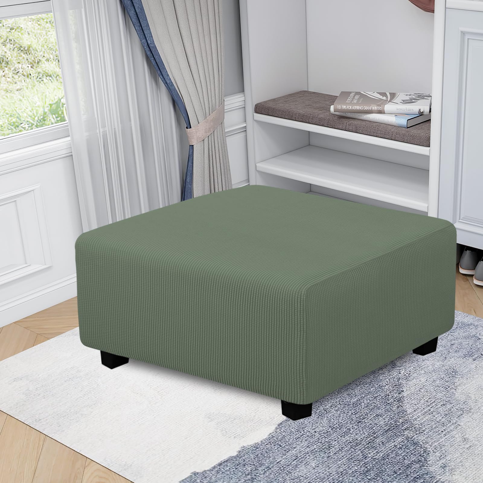 Easy-Going Stretch Square Ottoman Cover 40X40X15 Inch Folding Storage Stool Furniture Protector Soft Rectangle Slipcover With Elastic Bottom Greyish Green