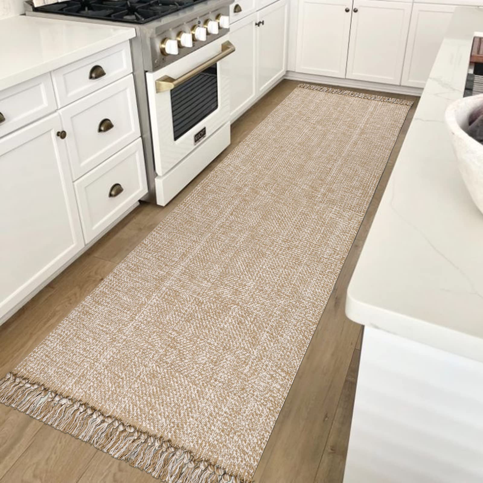 Collive Long Hallway Runner Rug 2.6 x 7, Washable Runner Indoor Entryway Rug, Tan/Cream Braided Woven Kitchen Runner Rugs Low-