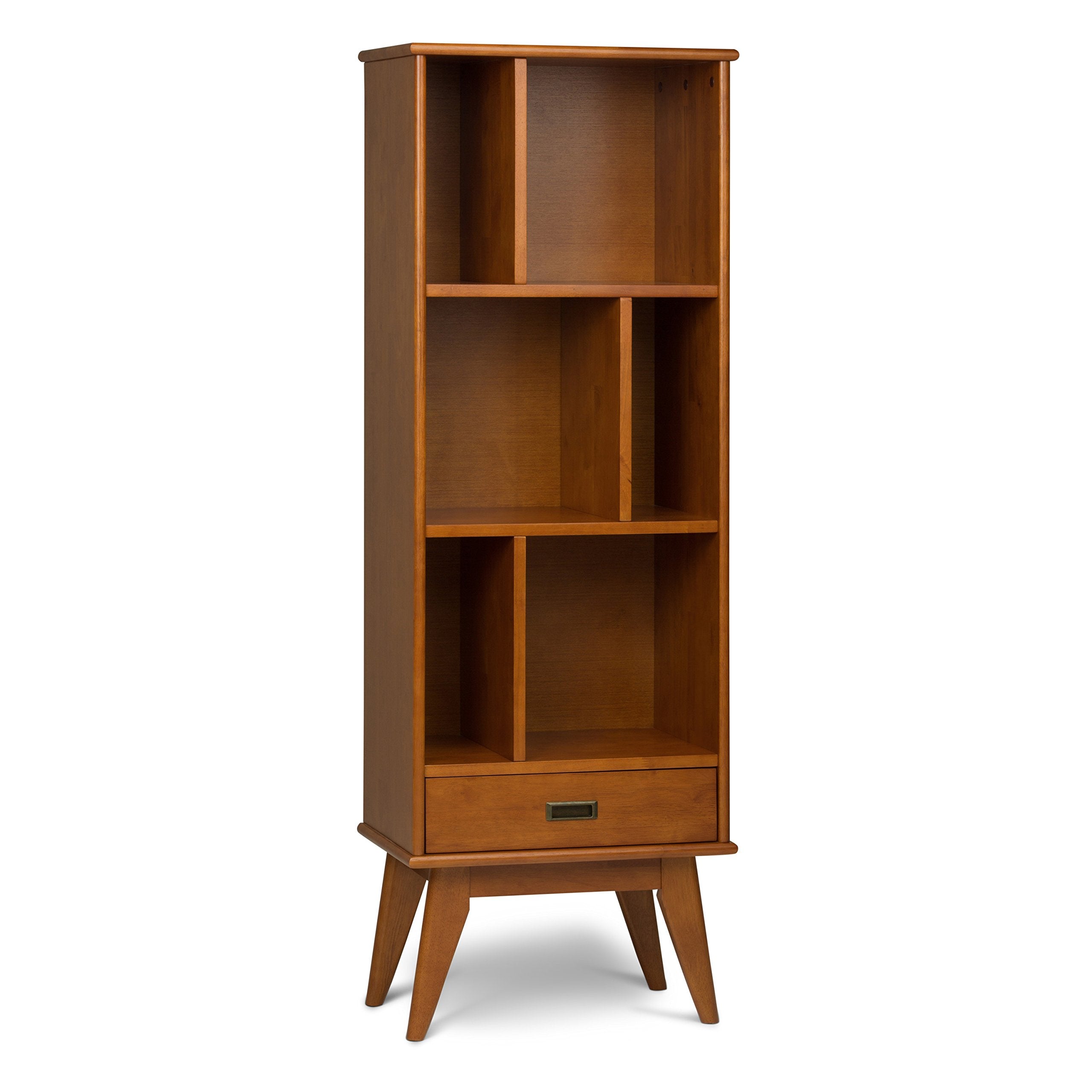 SIMPLIHOME Draper Bookcase - 64 inch Tall Solid Hardwood Storage Bookshelf in Teak Brown, Mid-Century Modern Storage for Living 