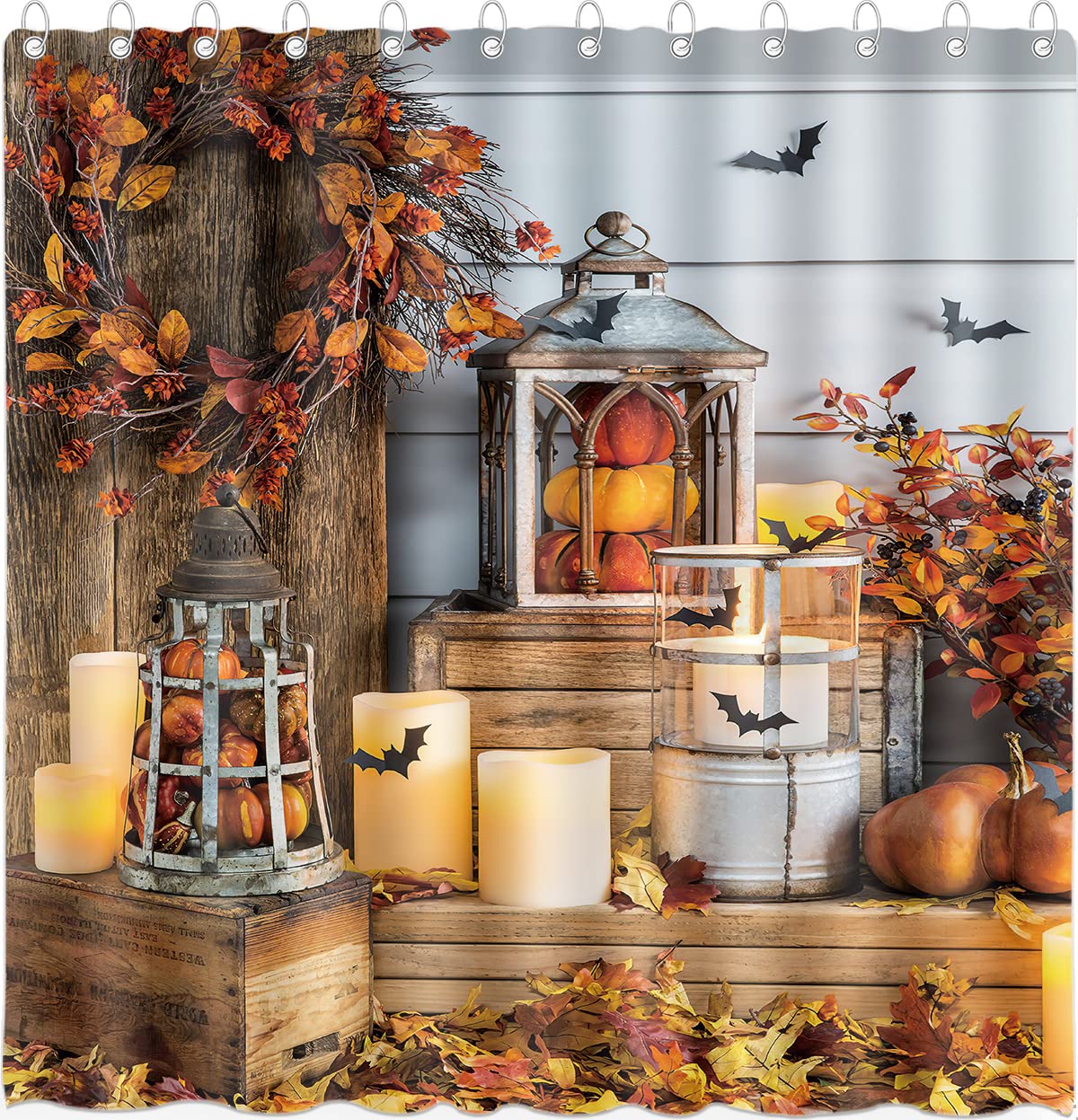 DePhoto Fall Shower Curtain for Bathroom Pumpkin Bat Candle Maple leaf Wooden board Lantern Happy Thanksgiving Halloween Poliest