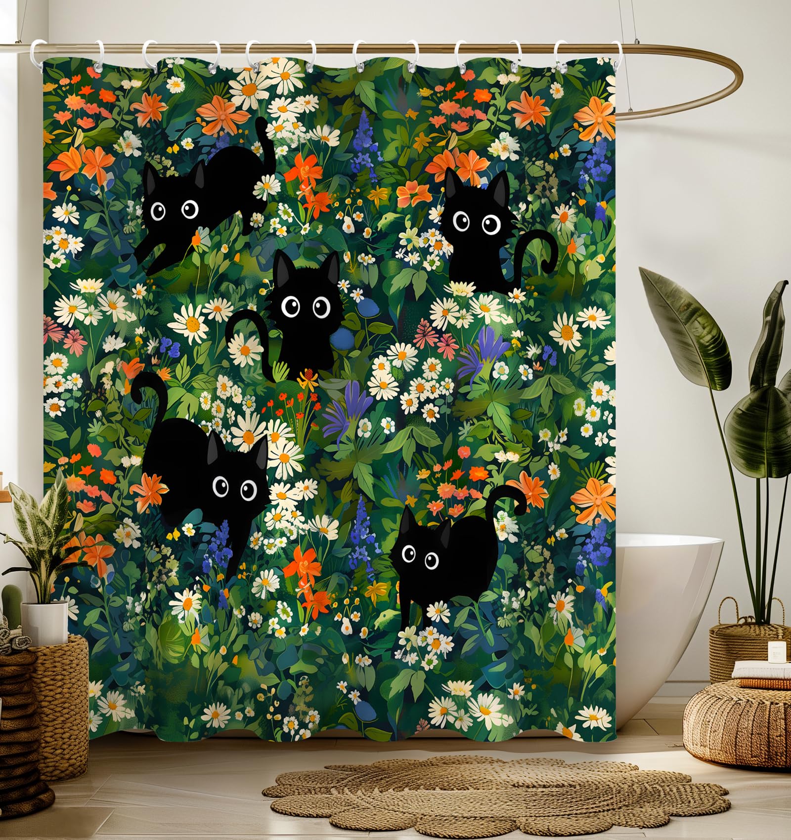 Stanoha Shower Curtain For Bathroom Stall Boho Modern Cute Aesthetic Decorative Girly Waterproof Unique Cats Flowers Girls Chic