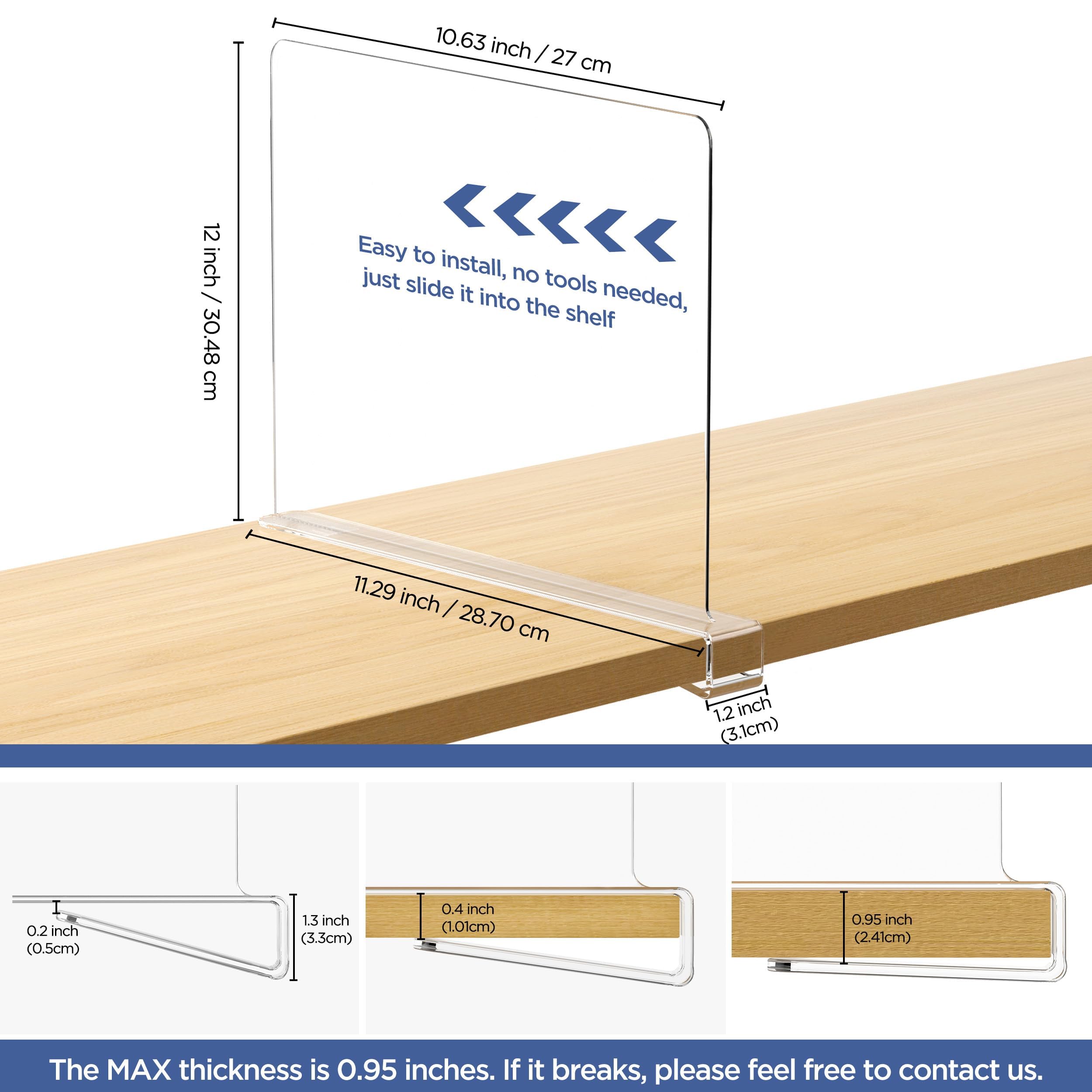 Hblife 12 Inches Tall [Extra Tall Version] Clear Shelf Dividers, 12 Pack Purse Organizer For Closet Perfect For Sweater, Shirts, Handbags, Acrylic Adjustable Bookshelf For Organization