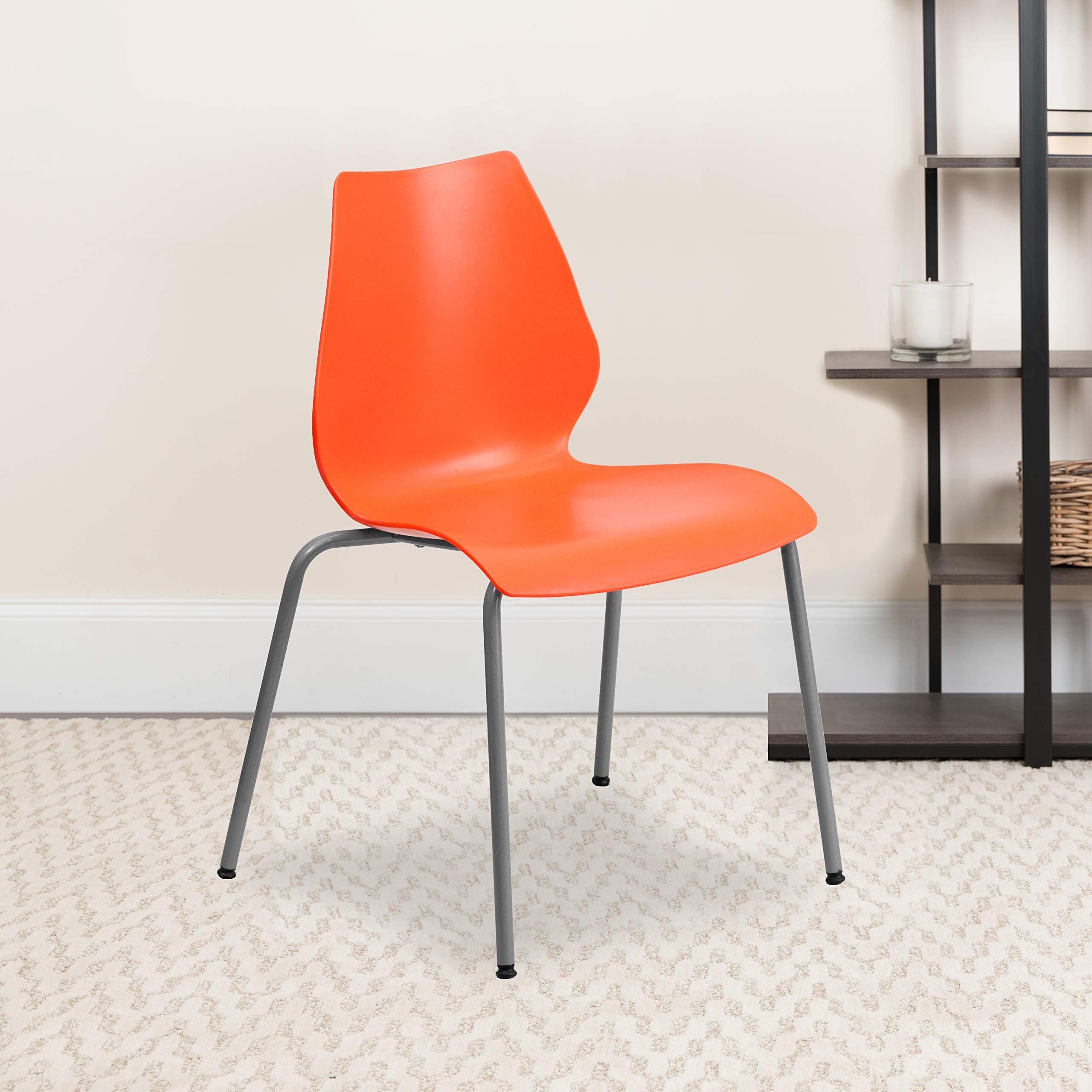 Flash Furniture HERCULES Series 770 lb. Capacity Orange Stack Chair with Lumbar Support and Silver Frame