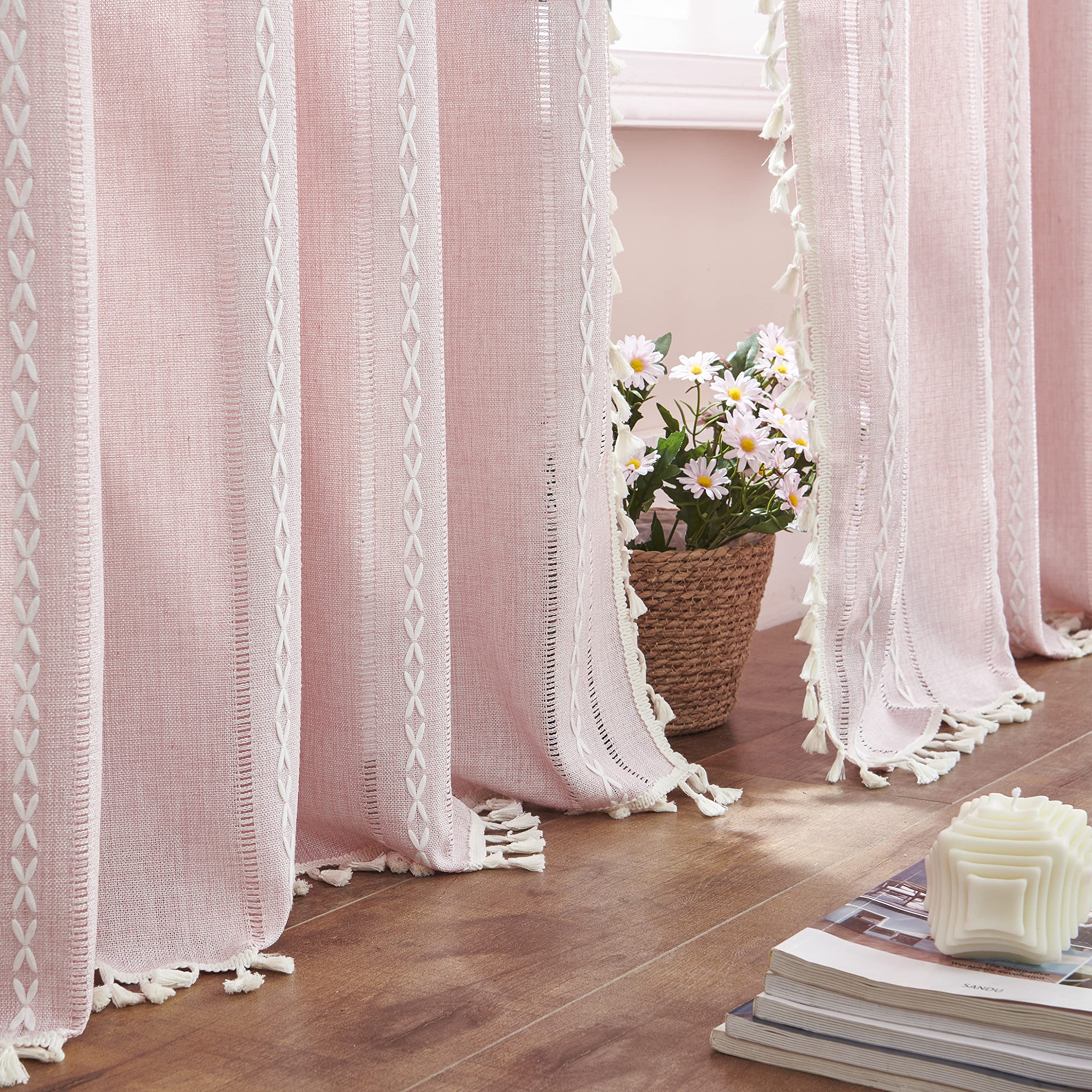 Linen Boho Curtains Cute Embroidered Pink Curtains For Girls Bedroom Nursery Room 84 Inches Long 2 Panels Light Filtering Farmho