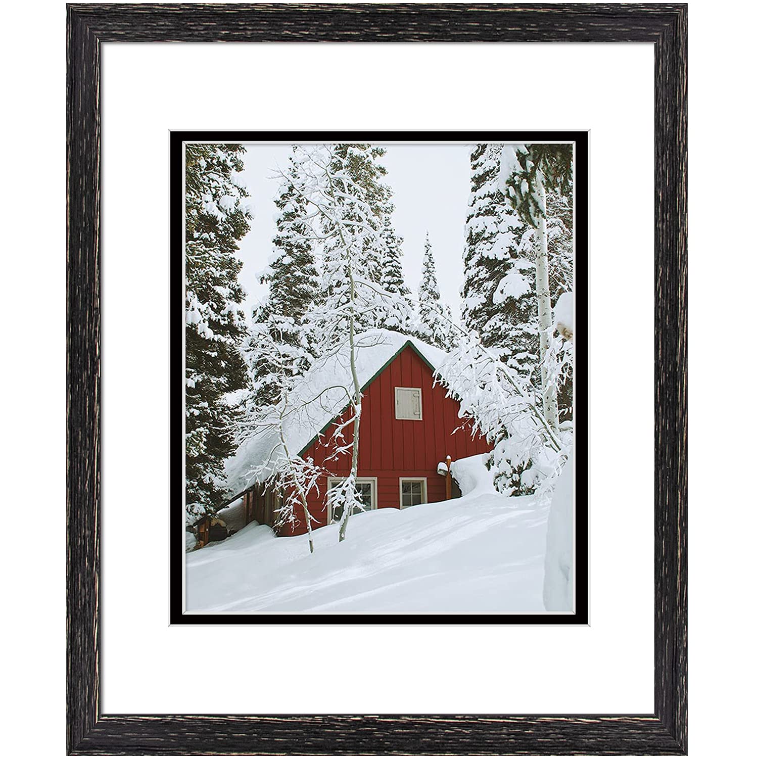 Golden State Art, 11x14 Distressed Black Wood Frame with White over Black Double Mat - Displays 8x10 Photos - Real Glass, Sawtoo