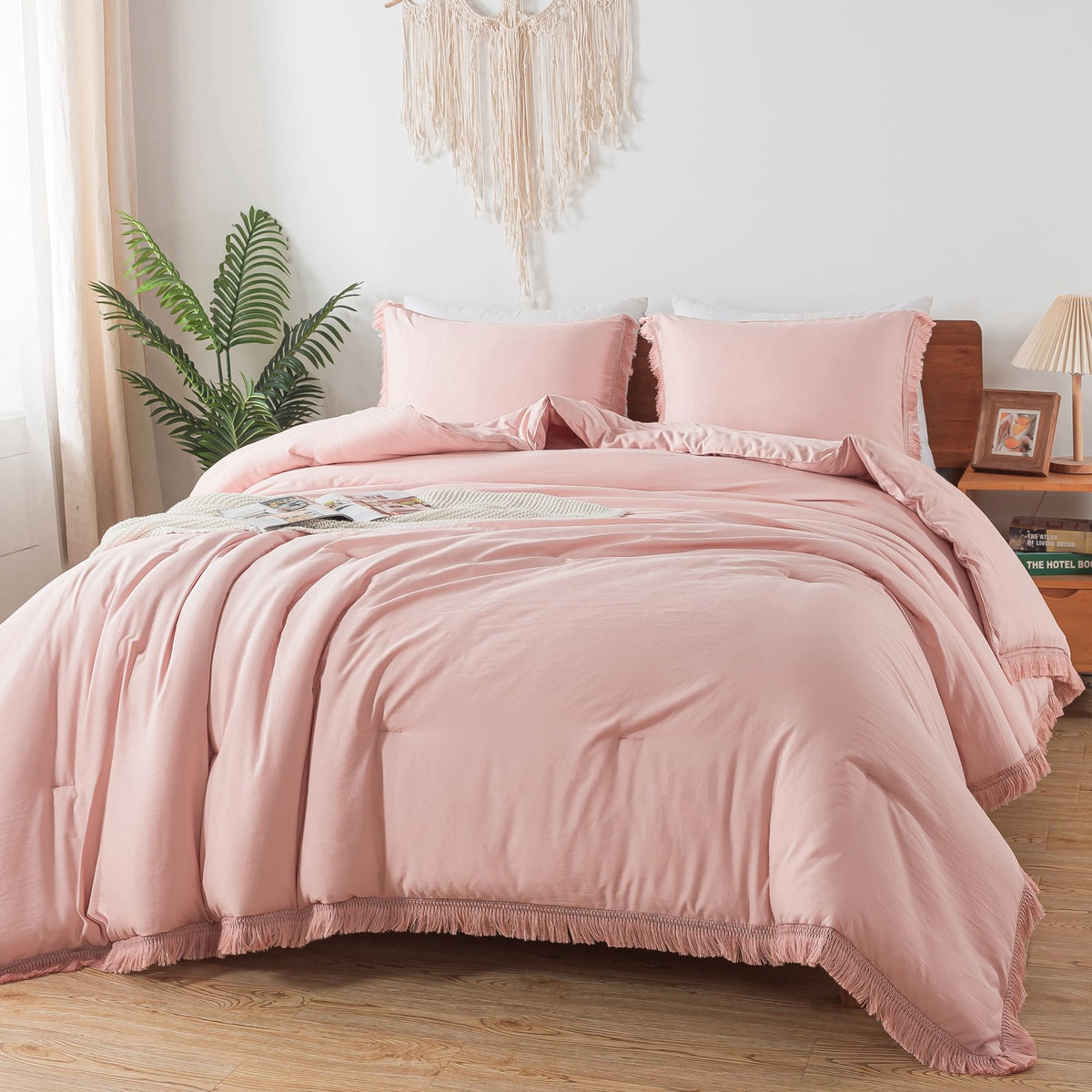 Andency Pink Comforter Set California King For Girls, Blush Boho Women Tassel Lightweight Bedding Comforter Sets, 3 Pieces All Season Soft Fluffy Fringe Bed Set (104X96In Comforter & 2 Pillowcases)