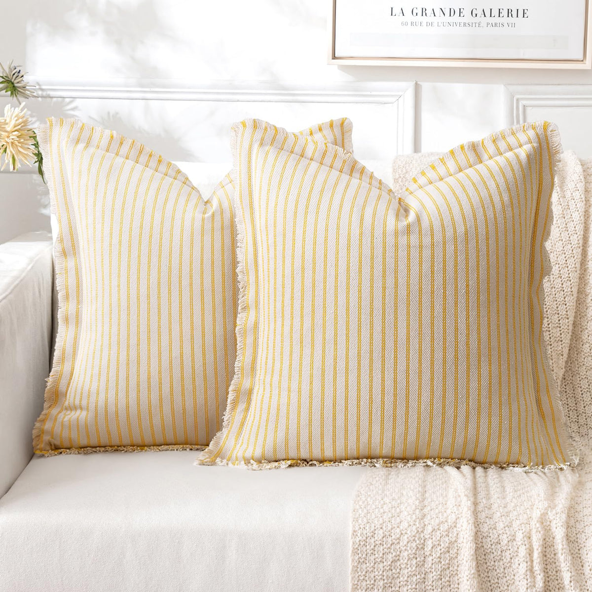 Miulee Pack Of 2 Yellow Pillow Covers 20X20 Inch Striped Farmhouse Couch Spring Throw Pillow Covers With Fringe Chic Cotton Deco