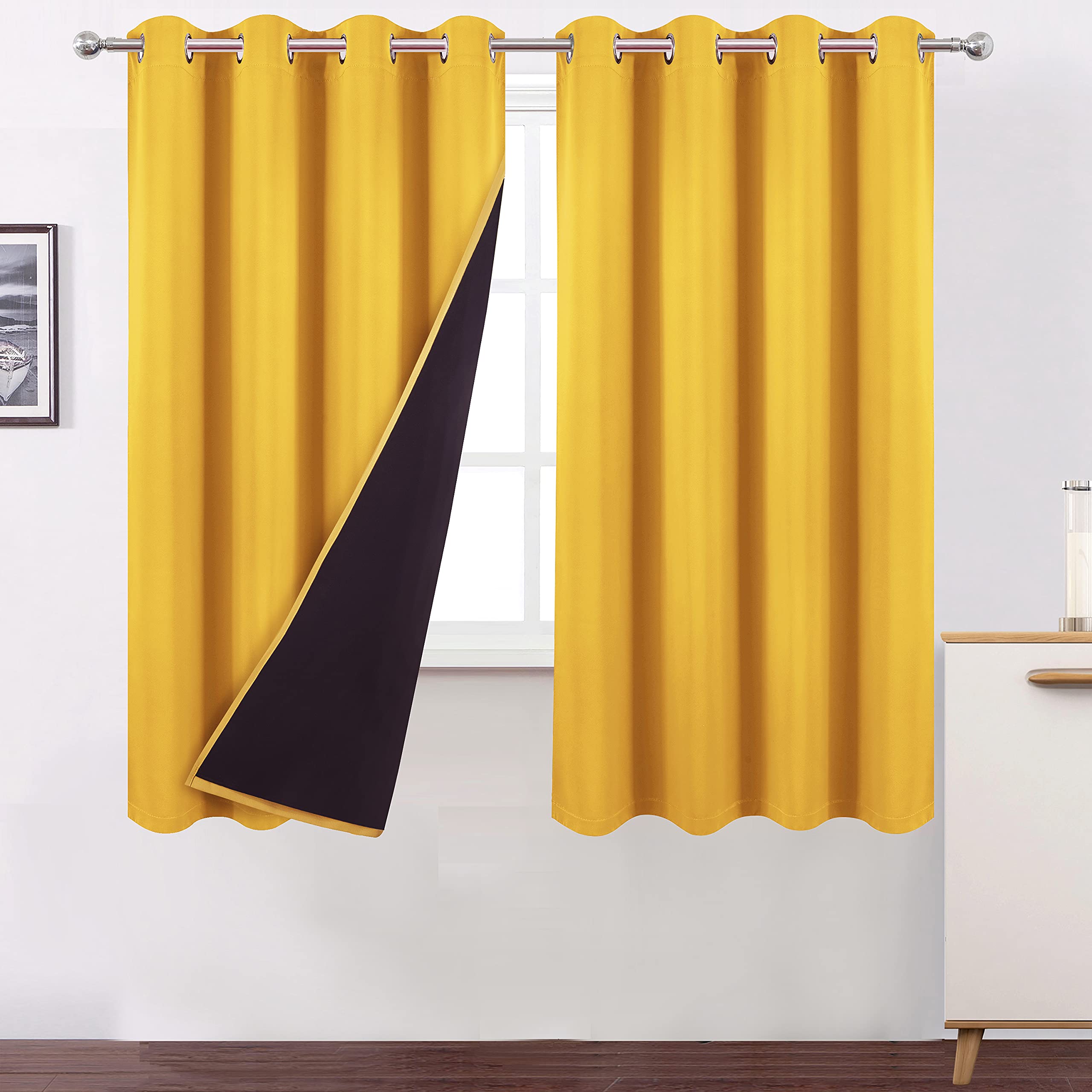 LEMOMO 100% Blackout Curtains 52 x 72 Inch/Yellow Curtains 2 Panels with Black Lining Room Darkening Thermal Insulated Bedroom C