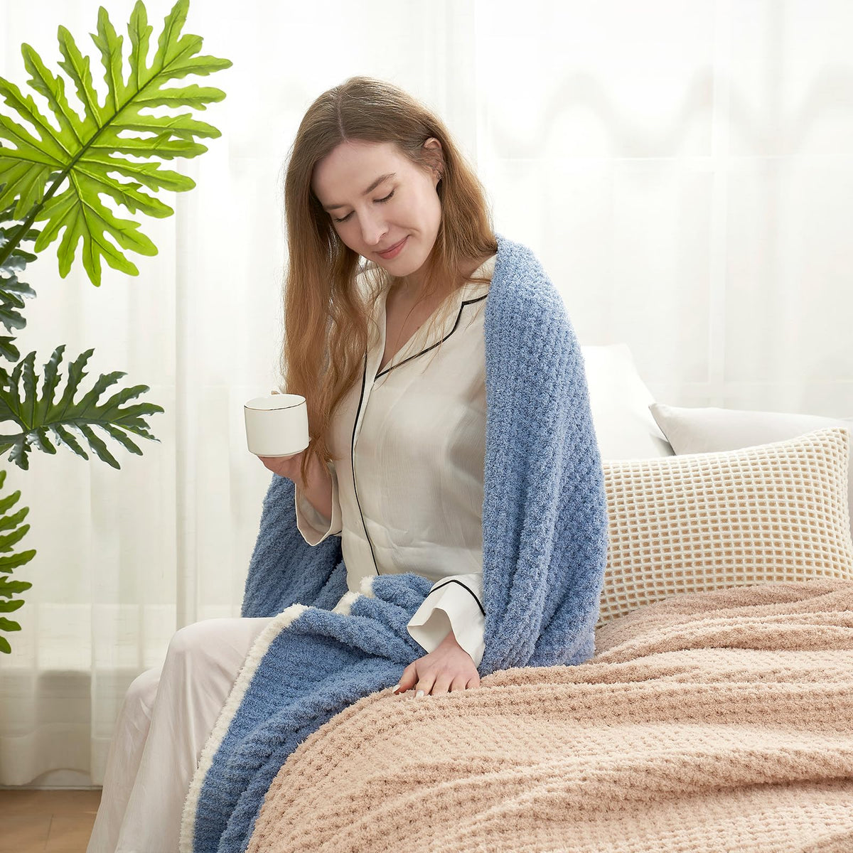 Snuggle Sac Blue Waffle Throw Blanket For Couch Bed Sofa 60X80 Inches, Reversible Blue Blanket Microfiber Fluffy Fuzzy Cozy Knit