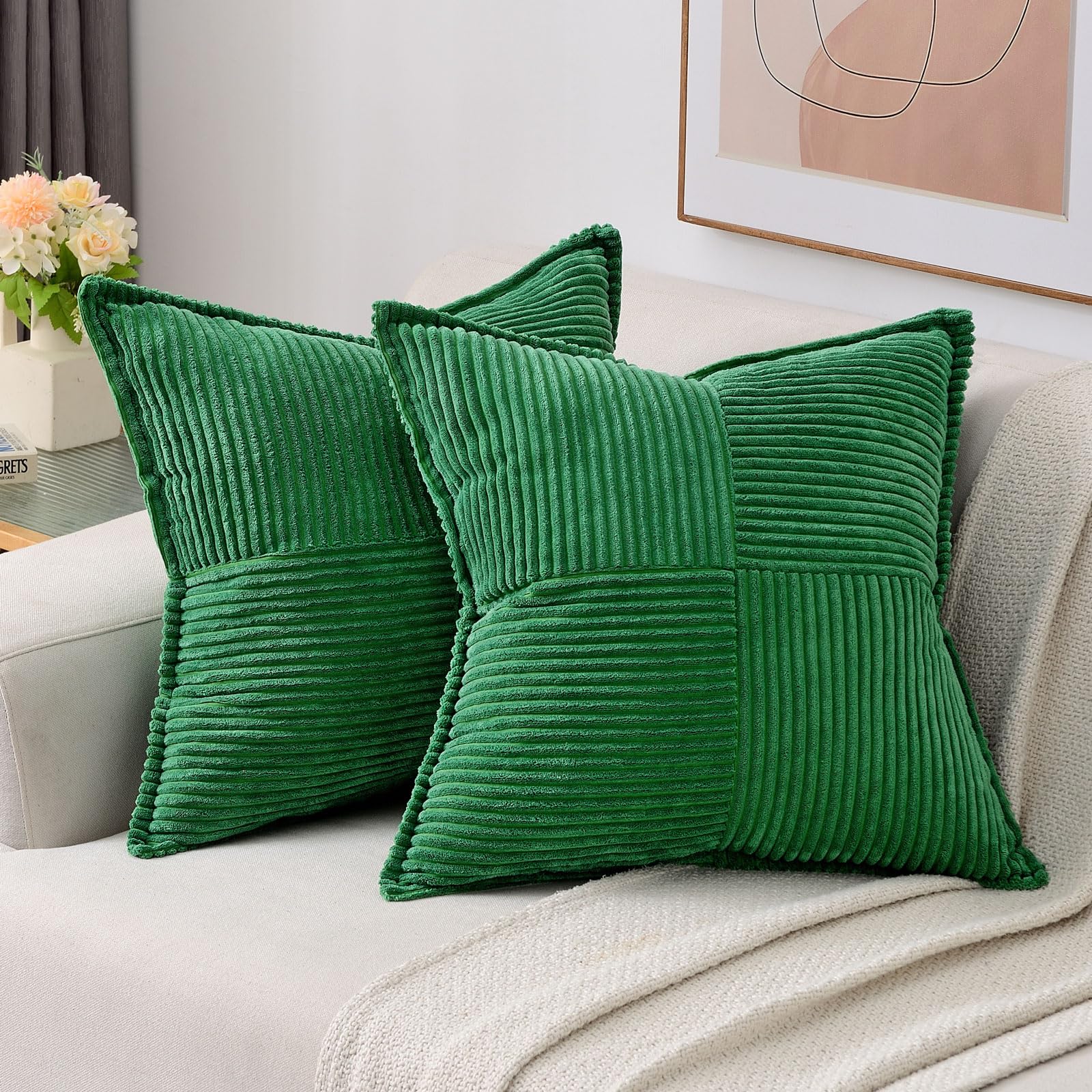 Haussy Emerald Green Throw Pillow Covers 22X22 Inch Set Of 2, Soft Corduroy Solid Striped,Square Decorative Cushion Case,Winter