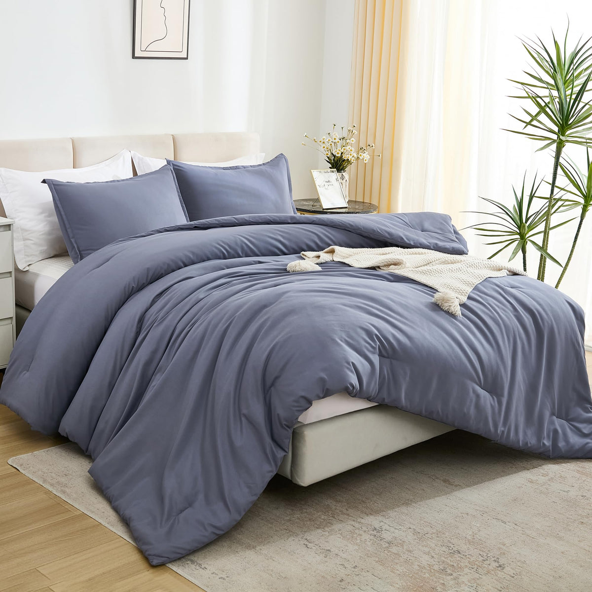 Litanika Comforters Bluish Grey Queen Size, 3 Pieces Lightweight Solid Bedding Set & Collections, All Season Fluffy Bed Set (90X
