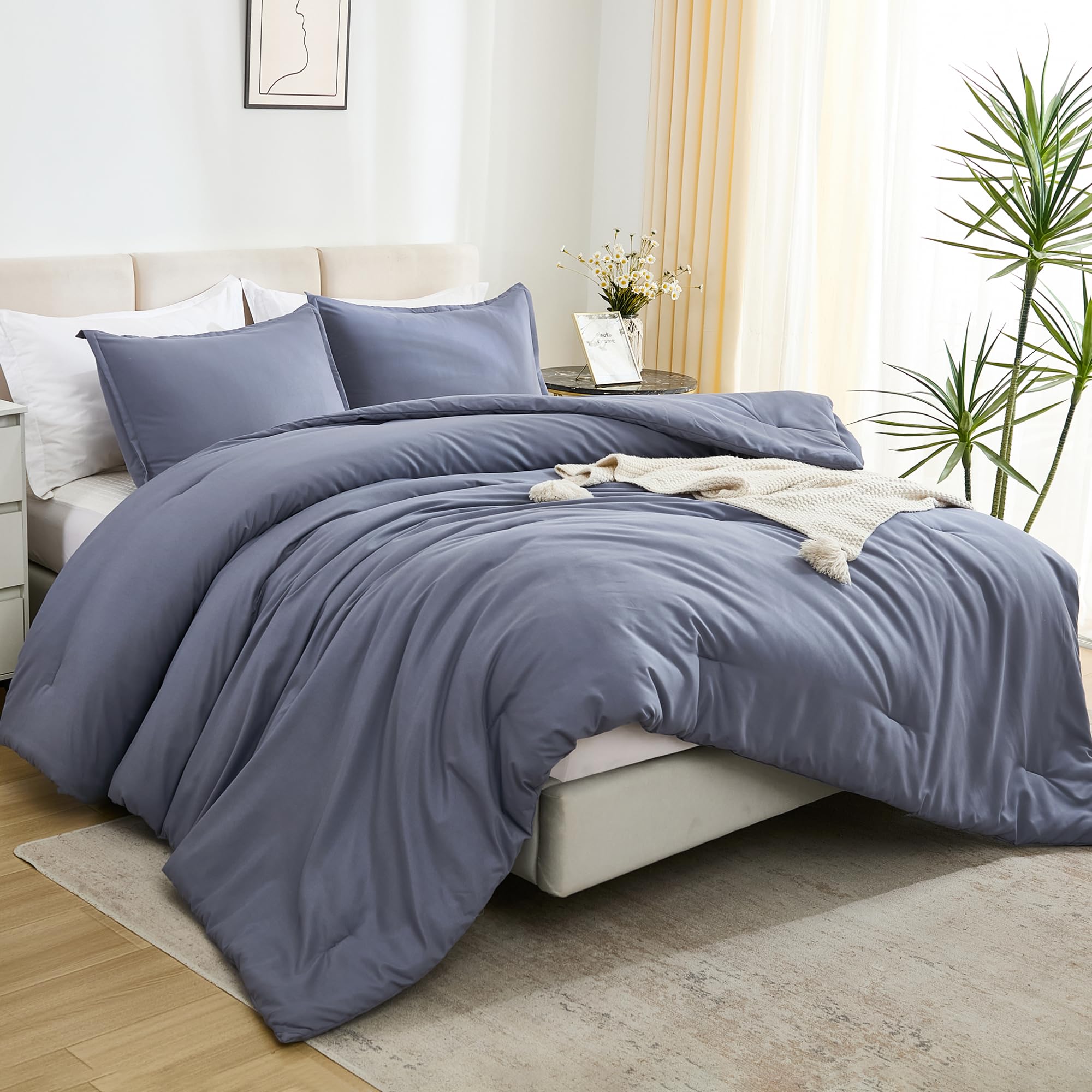 Litanika Comforters Bluish Grey California King Size, 3 Pieces Lightweight Solid Bedding Set & Collections, All Season Fluffy Be