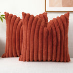 Decoruhome Faux Fur Throw Pillow Covers 20X20 Set Of 2, Decorative Soft Plush Striped Couch Pillow Covers With Velvet Back For Sofa, Bed, Living Room, Rust
