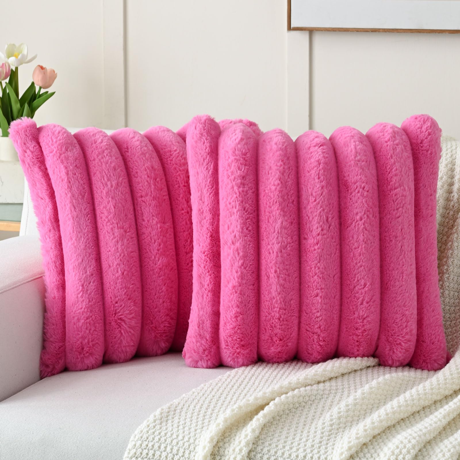 Futei Hot Pink Decorative Throw Pillow Covers 22X22 Inch Set Of 2, Square Soft Faux Rabbit Fur Big Striped Cushion Cover,Home De