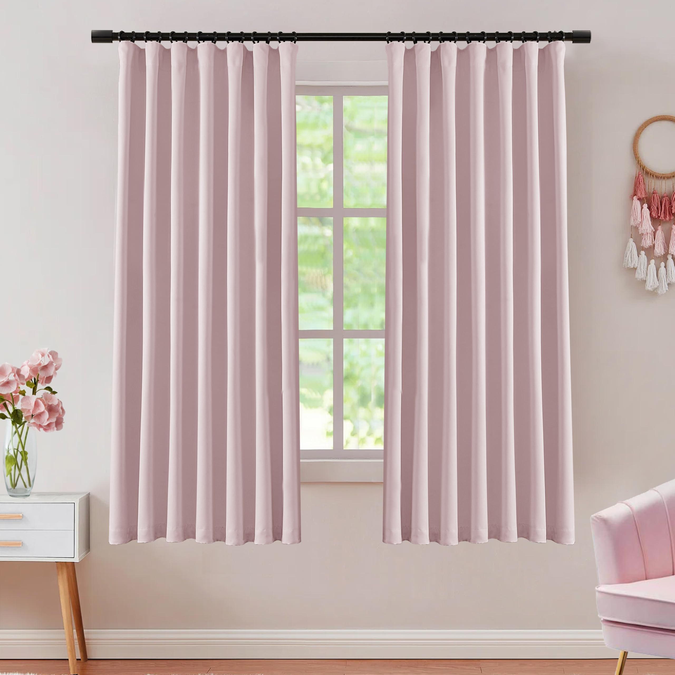 Shineland Nursery Curtains For Girls Room,Black Out Back Tab Rod Pocket Hooks Pleat Preppy Pink Blackout Curtains 2 Panels 63 In