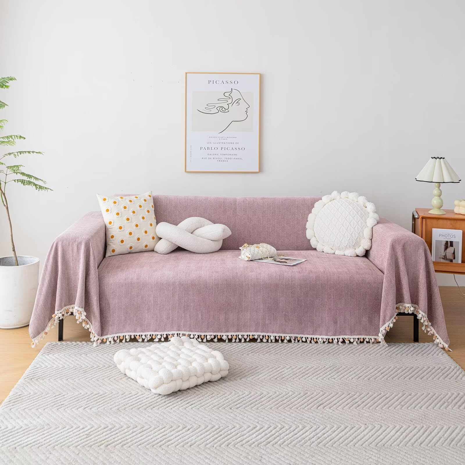 VClife Solid Pink Sofa Cover Modern Skin-Friendly Chenille Couch Cover with Ball Tassel Fringe Pet Friendly Loveseat Cover Non S