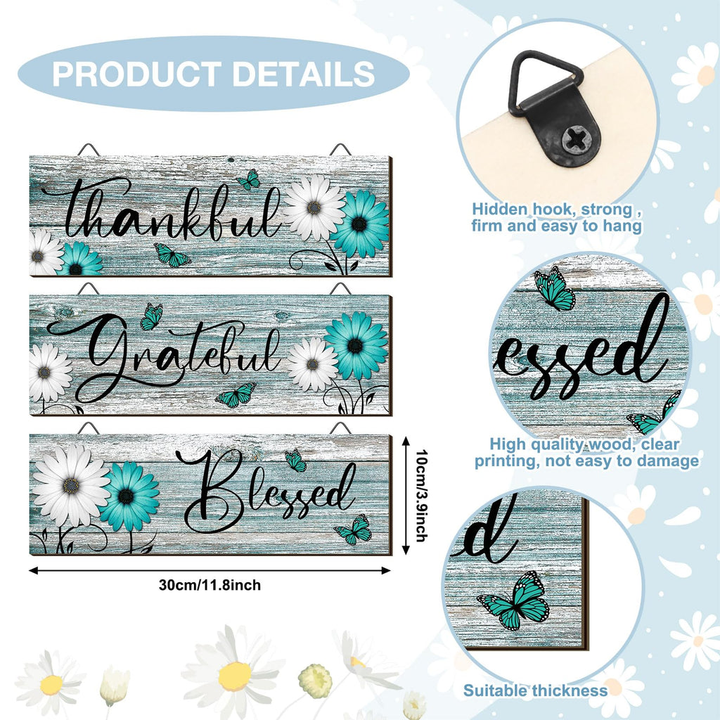 Geetery 3 Pcs Thankful Grateful Blessed Wooden Signs Rustic Daisy Wood Wall Decor Inspirational Wall Art Signs Rustic Wooden Han