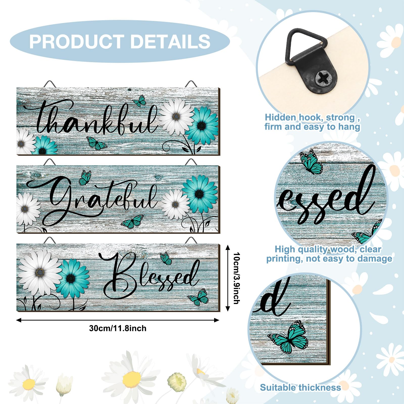 Geetery 3 Pcs Thankful Grateful Blessed Wooden Signs Rustic Daisy Wood Wall Decor Inspirational Wall Art Signs Rustic Wooden Han