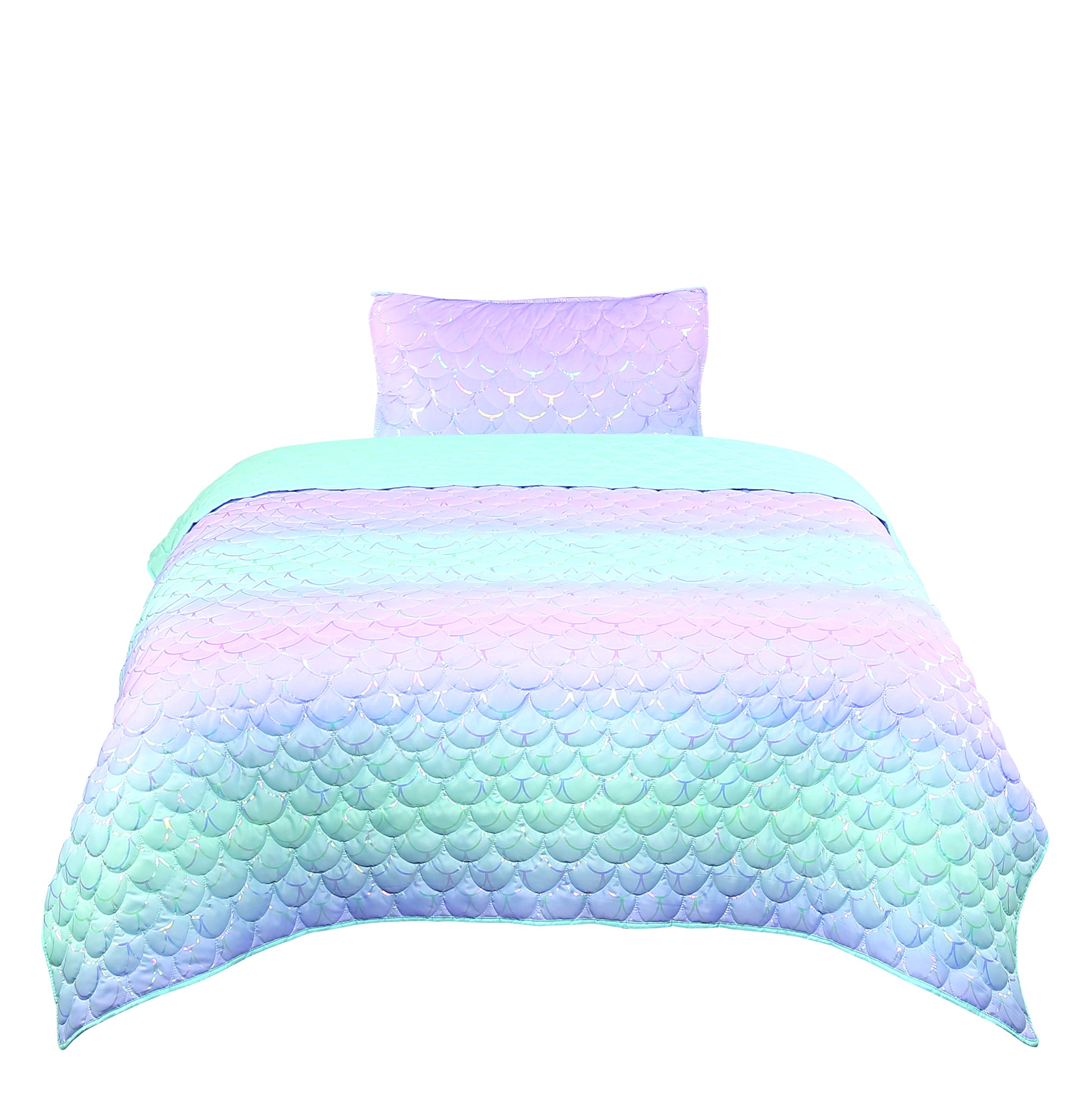 Tadpoles Girls Mermaid Pattern Quilt Set, With 1 Twin Size Quilt And 1 Standard Sham, Lightweight, Soft, And Durable, Iridescent
