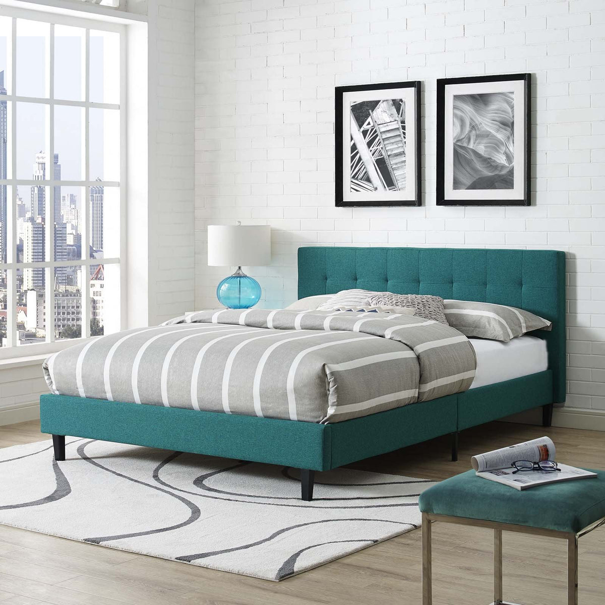 Modway Linnea Upholstered Teal Queen Platform Bed With Wood Slat Support