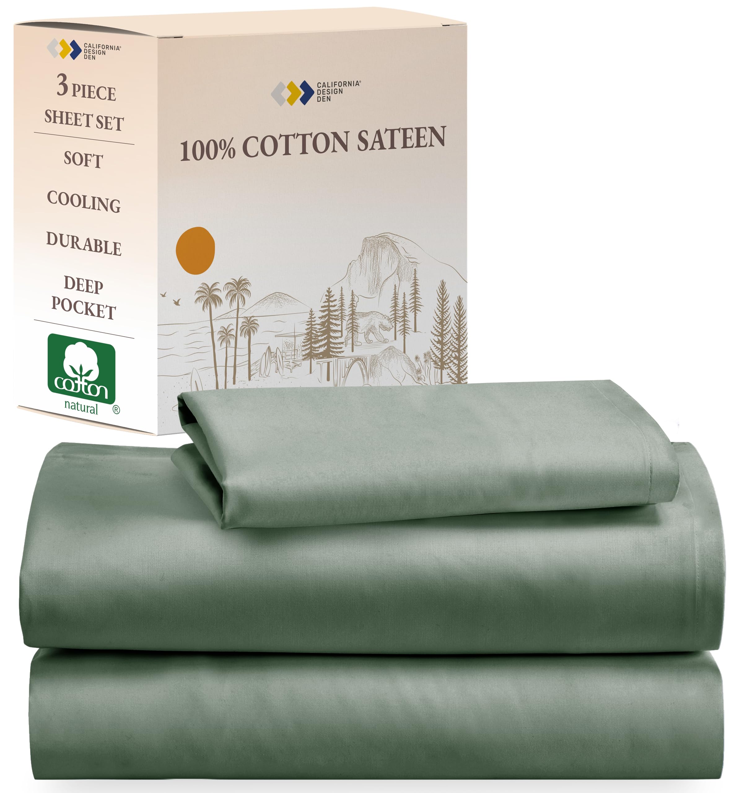 California Design Den Soft 100% Cotton Twin Size Sheet Set, Twin Sheet Set With Sateen Weave, Cooling Sheets - Sage Green